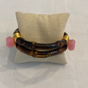 Bamboo Bracelet Brown Wooden Preppy Vintage Coastal Pink Stones Gold Wrapped